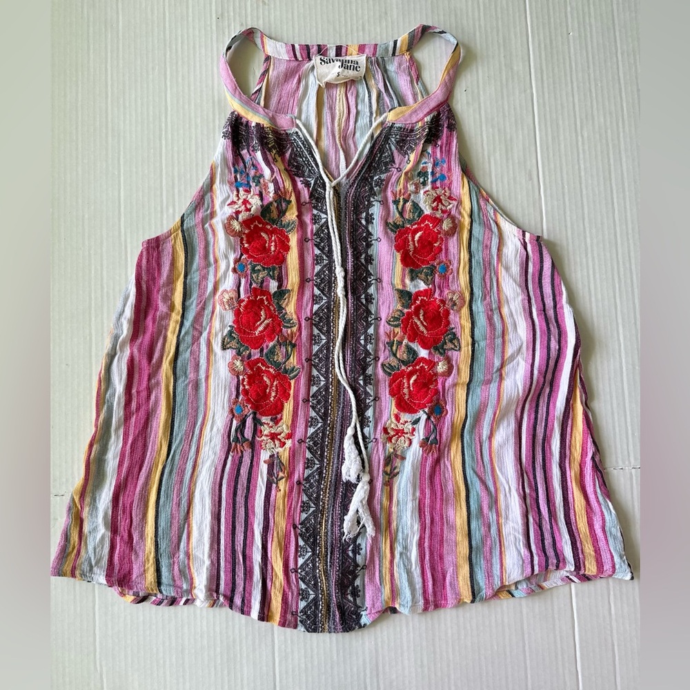 Anthropologie Savanna Jane Striped Embroidered Women's Cami With Tassel Tie S